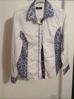 White Button-Up Shirt with Purple Paisley Accents